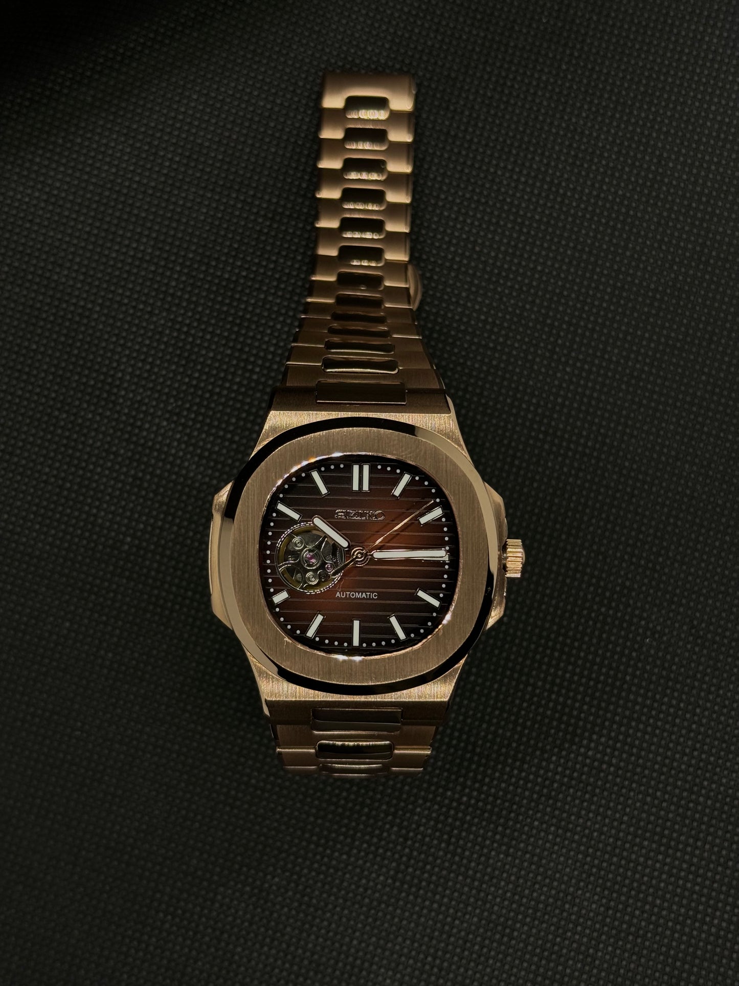 Seiko Nautilus Rose Gold Open Heart Mod - Chocolate