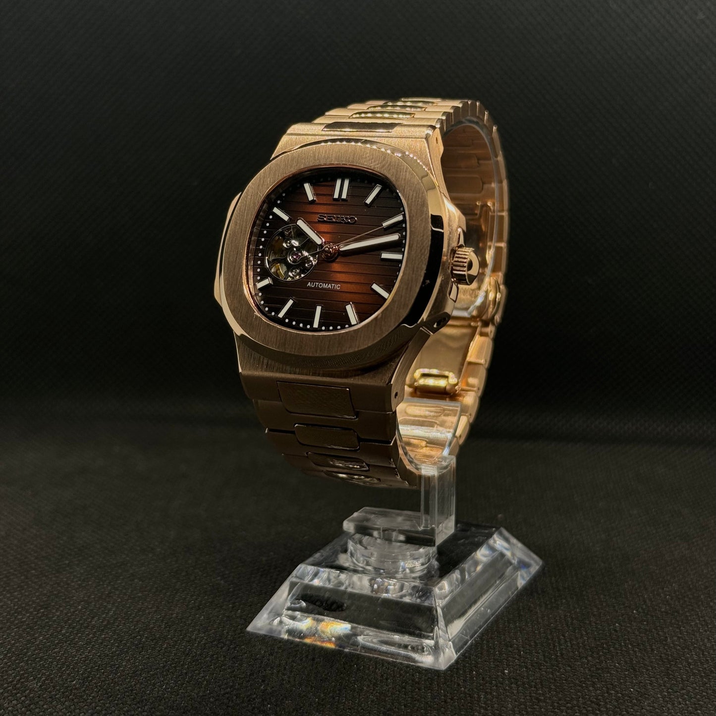 Seiko Nautilus Rose Gold Open Heart Mod - Chocolate - Tempus Mods