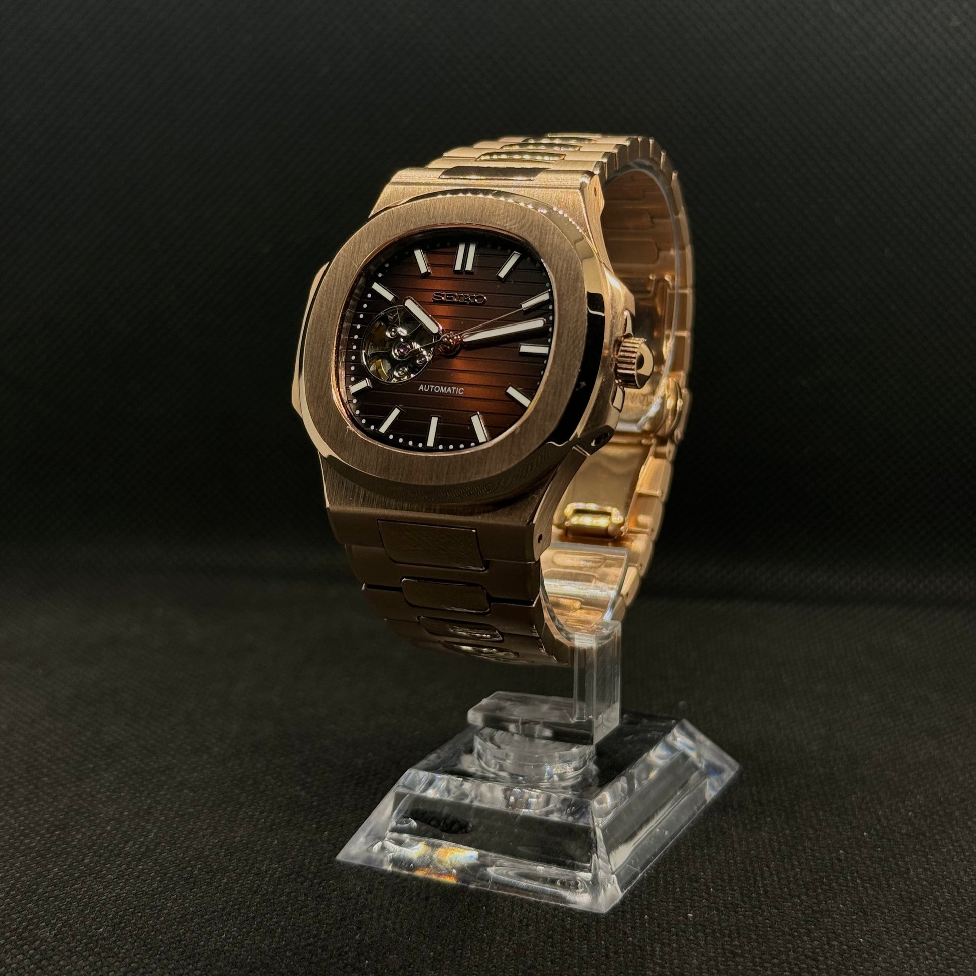 Seiko Nautilus Rose Gold Open Heart Mod - Chocolate - Tempus Mods
