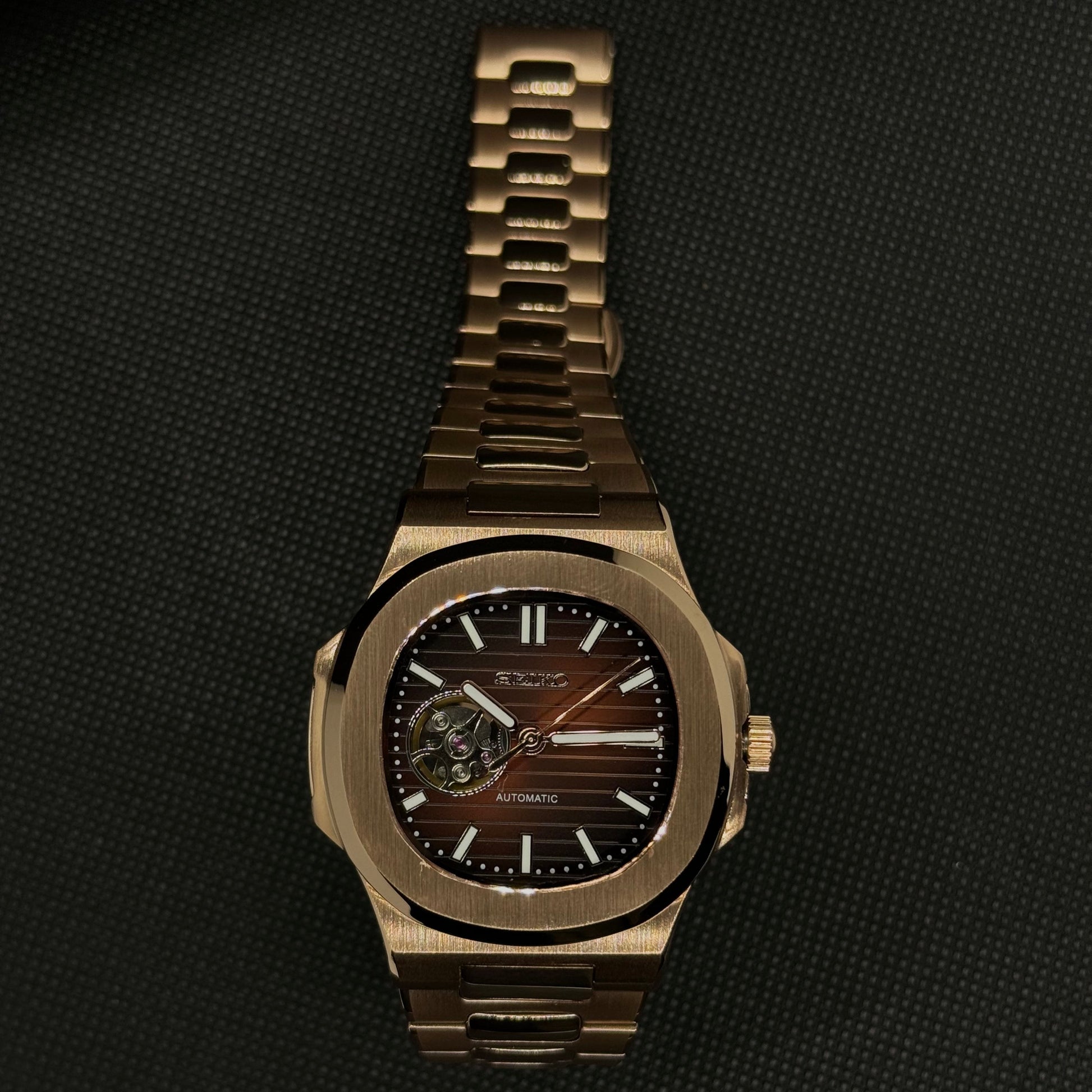 Seiko Nautilus Rose Gold Open Heart Mod - Chocolate - Tempus Mods