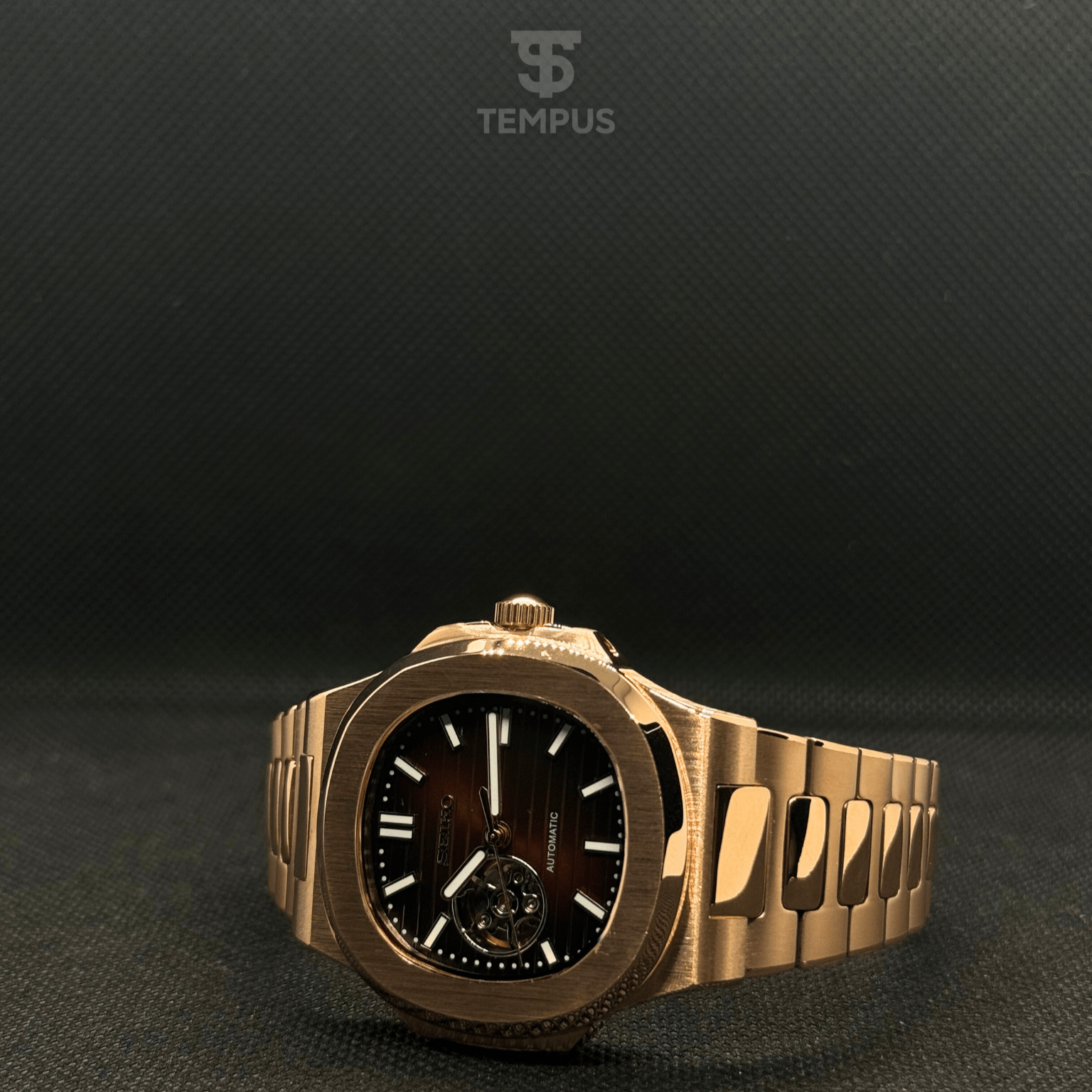 Seiko Nautilus Rose Gold Open Heart Mod - Chocolate - Tempus Mods
