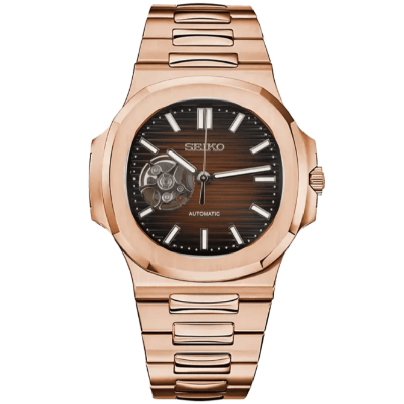 Seiko Nautilus Rose Gold Open Heart Mod - Chocolate - Tempus Mods