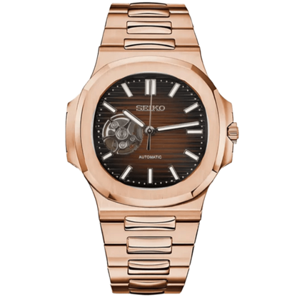 Seiko Nautilus Rose Gold Open Heart Mod - Chocolate - Tempus Mods