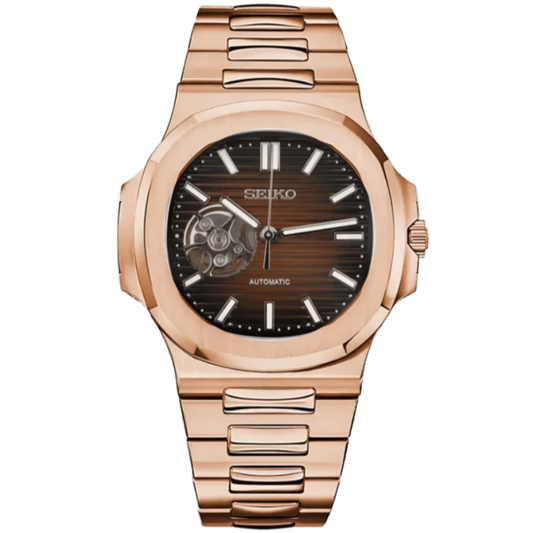 Seiko Nautilus Rose Gold Open Heart Mod - Chocolate - Tempus Mods